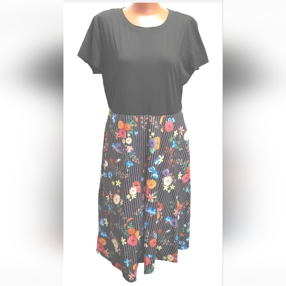 Oxiuly Round Neck Black T-Shirt Dress Black Floral Striped Midi Woman Plus 2X